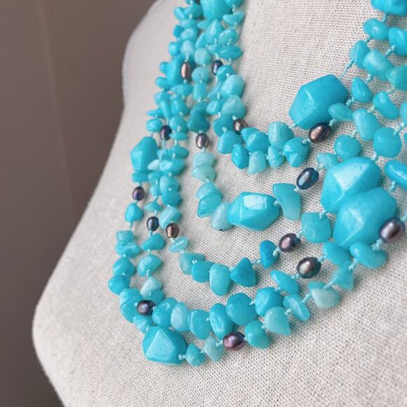 Hand-Knotted Multi-Strand Aqua Color Amazonite Bib Necklace w/ Toggle Clasp 19” - Picture 14 of 16